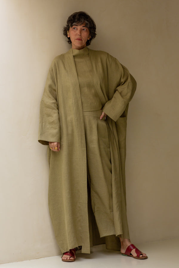 Nawar Linen Kimono Coat Pistachio LONG