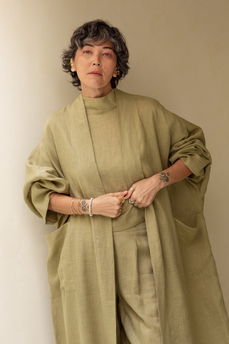 Nawar Linen Kimono Coat Pistachio LONG