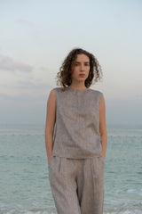 Lily Round Neck Sleeveless Linen Top Pearl Grey