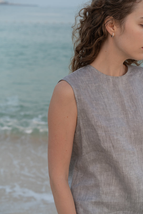 Lily Round Neck Sleeveless Linen Top Pearl Grey
