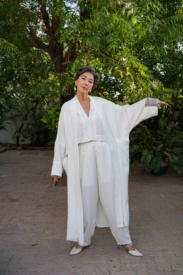 Nawar Linen Kimono Coat White Hand Block Printed