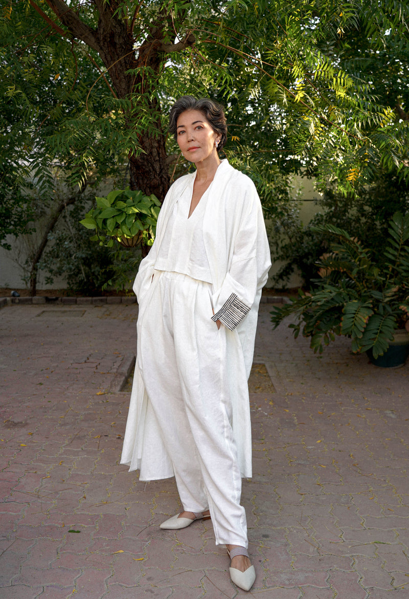 Nawar Linen Kimono Coat Off White Hand Block Printed