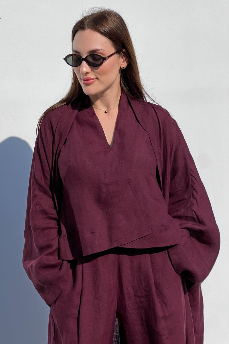 Cassia Asymmetric V-Neck Linen Top Burgundy