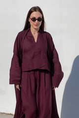 Cassia Asymmetric V-Neck Linen Top Burgundy