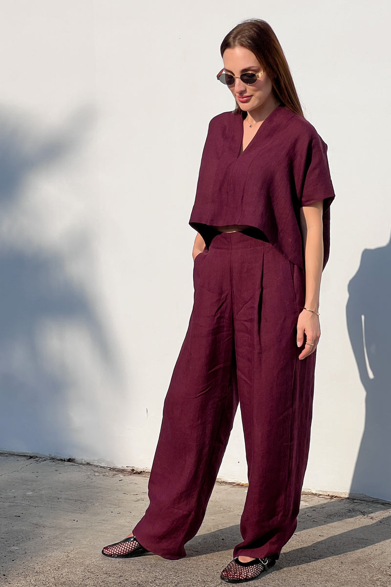 Jade Linen Kimono Pants Burghundy LONG