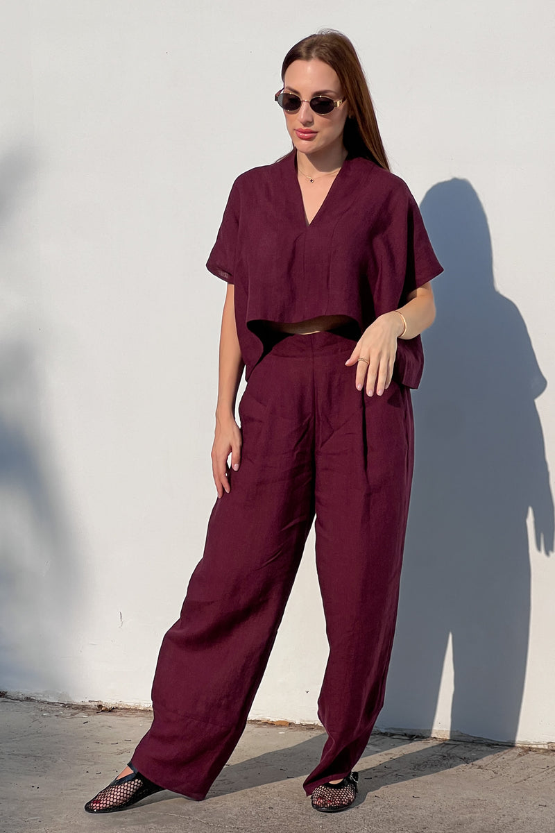 Jade Linen Kimono Pants Burghundy LONG