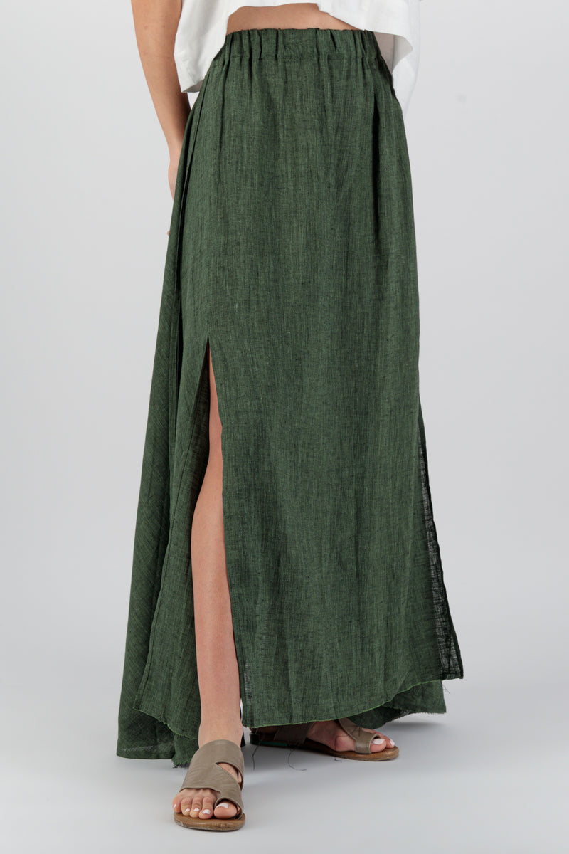 Anara Maxi Linen Skirt With Slits Bottle Green