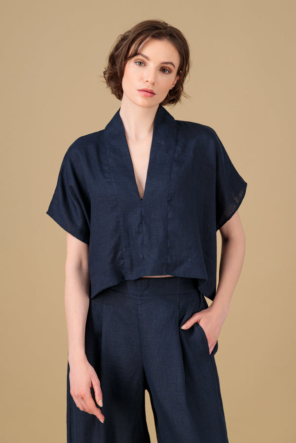 Ivy Kimono Linen Top Navy Blue