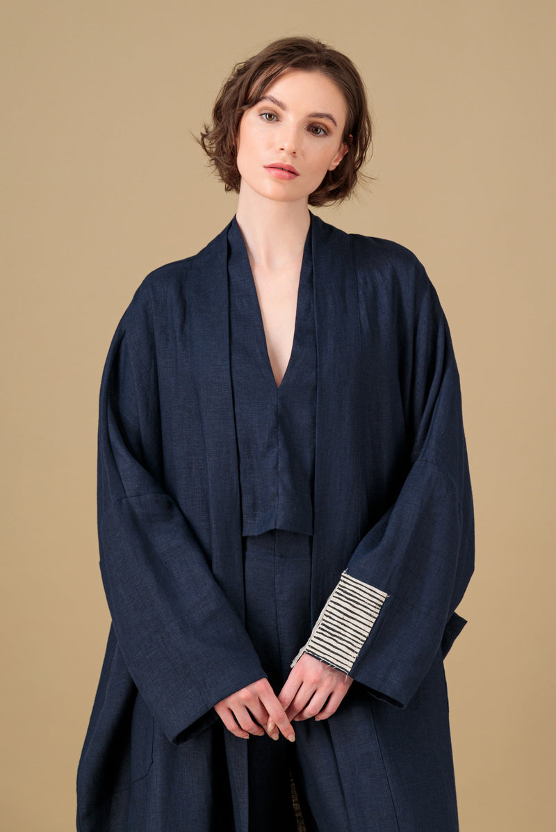 Nawar Linen Kimono Coat Navy Blue Hand Block Printed