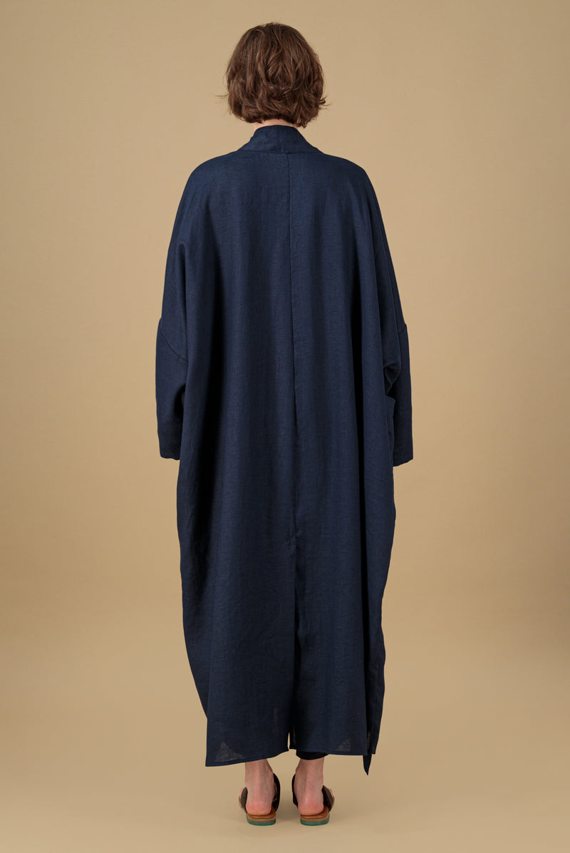 Nawar Linen Kimono Coat Navy Blue Hand Block Printed
