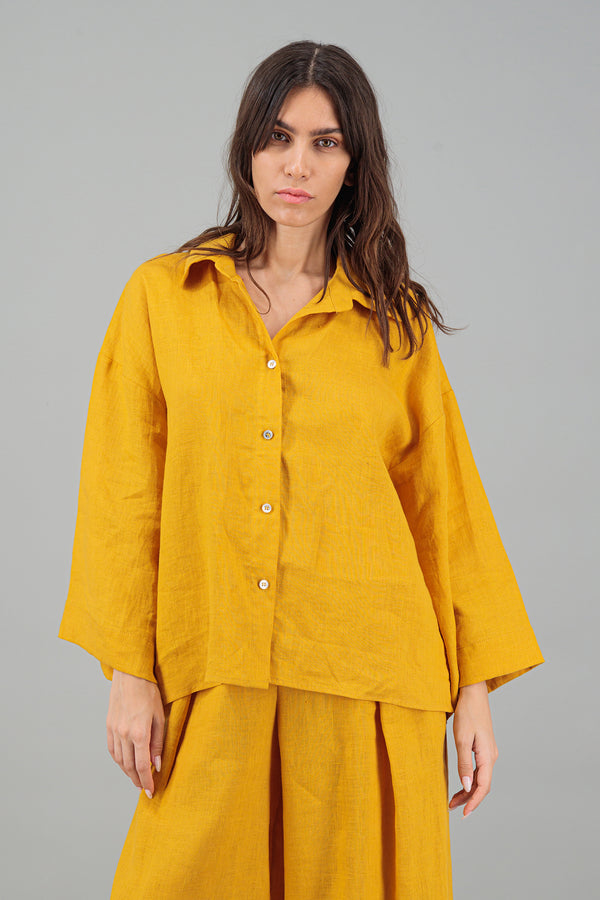 Sirvat Cropped Linen Shirt Mustard