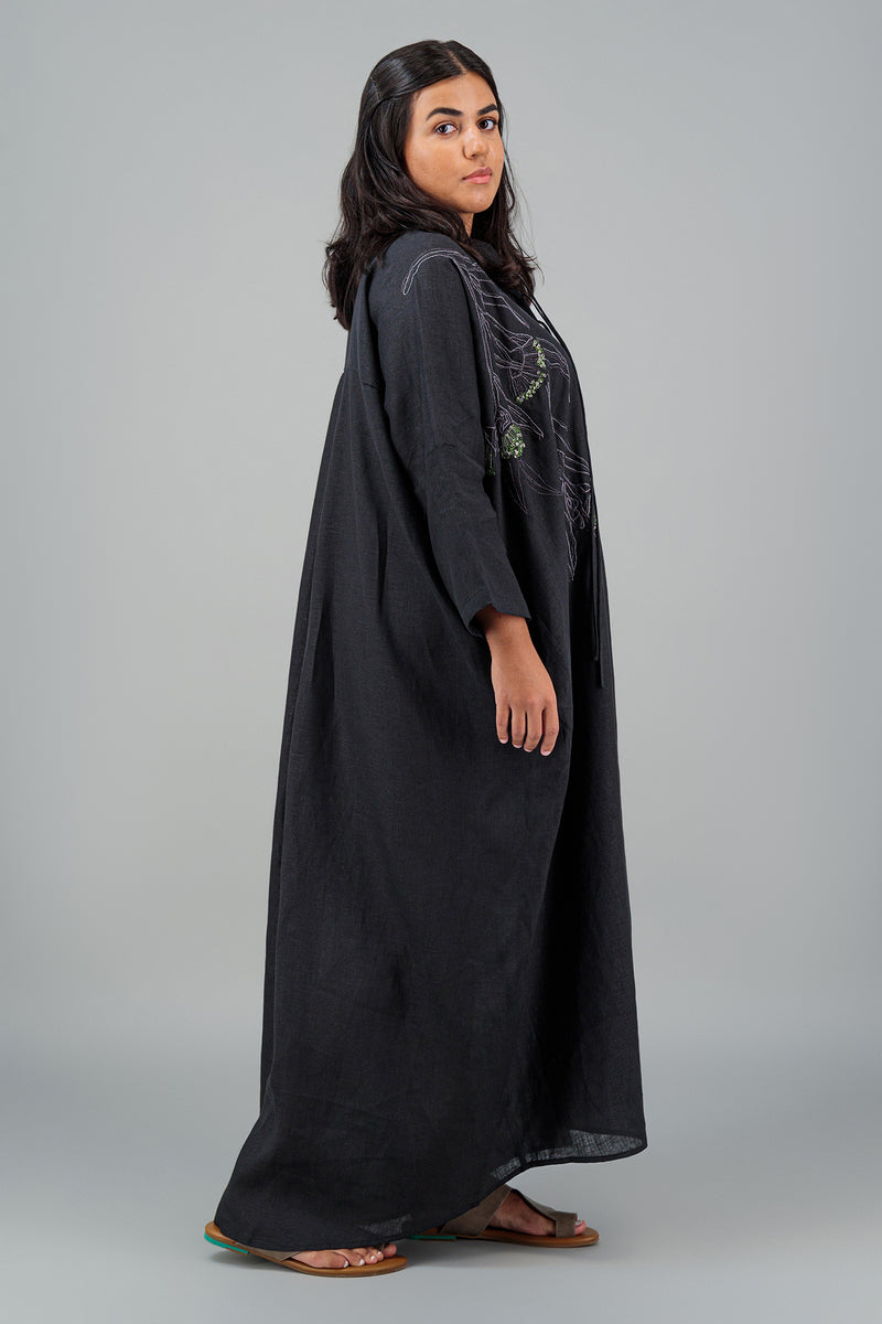 Cura Sui | Sahra Maxi Jelabiya Linen Dress Black With Detail