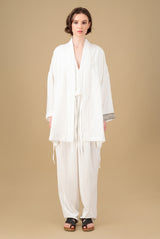 Yucca Kimono Linen Jacket White Hand Block Printed Sleeve