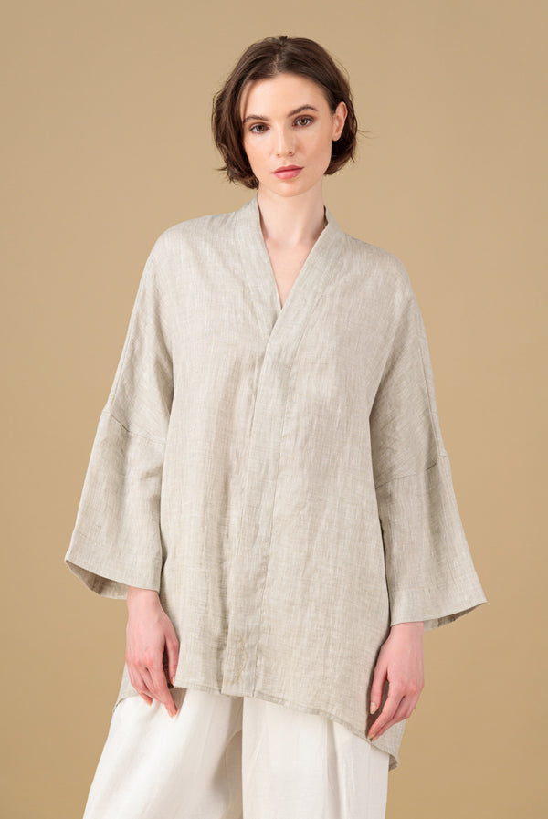 Mika 2 Kimono Linen Shirt Oatmeal Embroidered