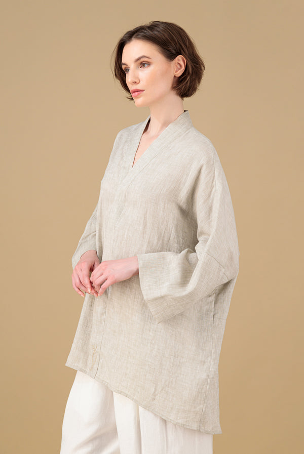 Mika 2 Kimono Linen Shirt Oatmeal Embroidered
