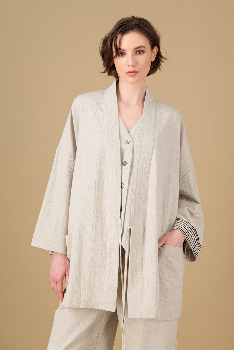 Yucca Kimono Linen Jacket Natural Hand Block Printed Sleeve