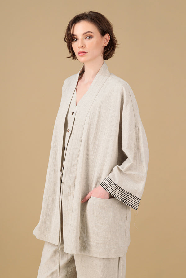 Yucca Kimono Linen Jacket Natural Hand Block Printed Sleeve