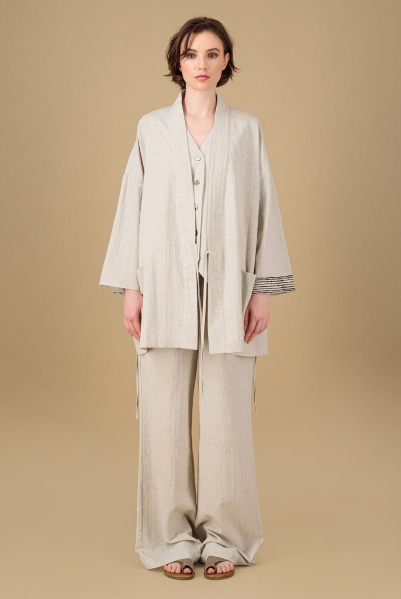 Yucca Kimono Linen Jacket Natural Hand Block Printed Sleeve