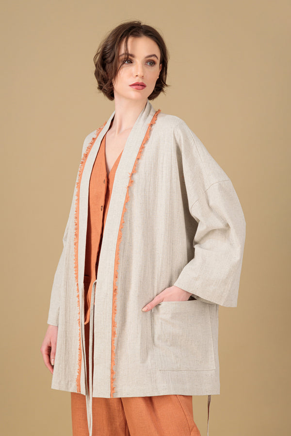 Yucca Kimono Linen Jacket Natural Terracotta Decorative Detail