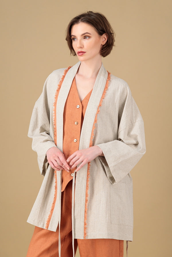 PRE-ORDER Yucca Kimono Linen Jacket Natural Terracotta Decorative Detail