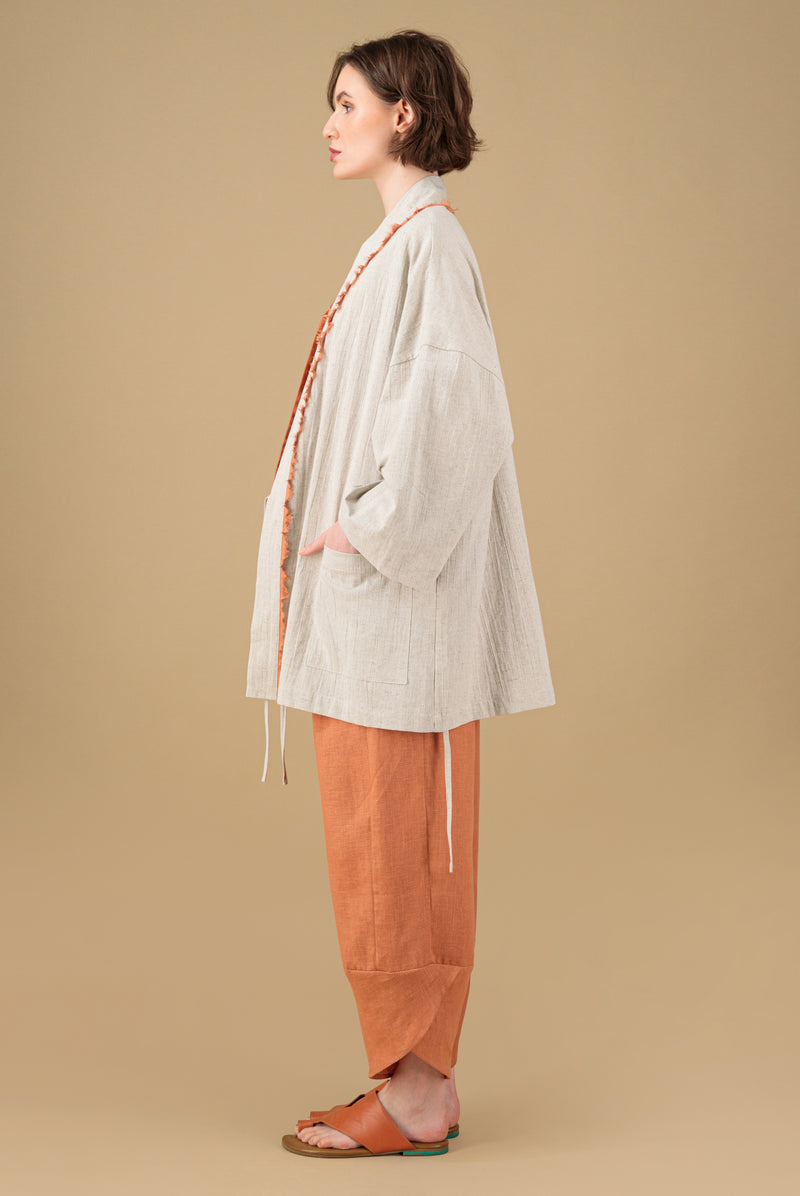PRE-ORDER Yucca Kimono Linen Jacket Natural Terracotta Decorative Detail