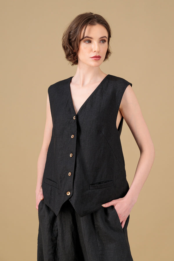Yara Linen Vest Black