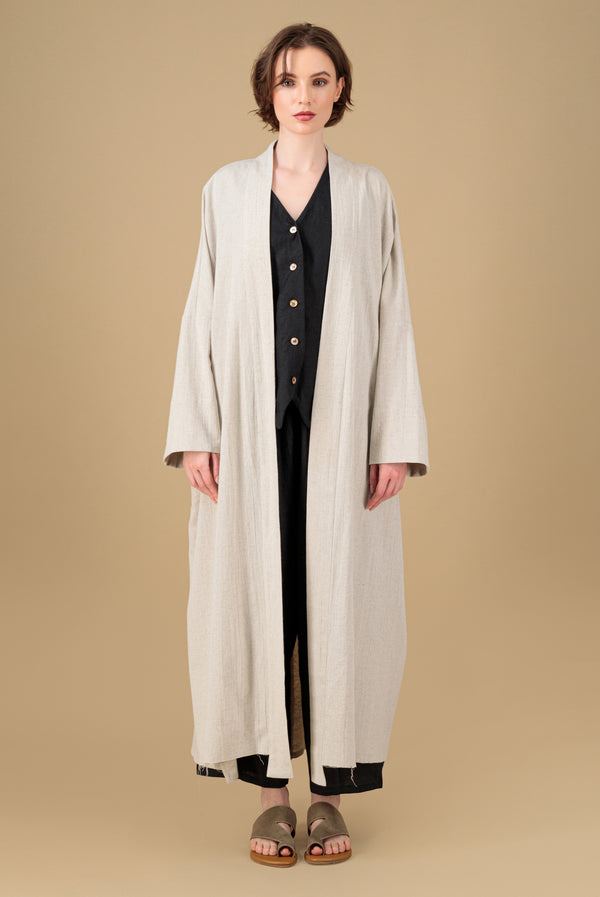 Nawar Linen Kimono Coat Natural Hand Block Printed Back