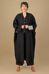 Nawar Linen Kimono Coat Black Hand Block Printed