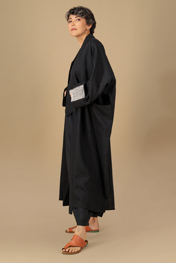 Nawar Linen Kimono Coat Black Hand Block Printed