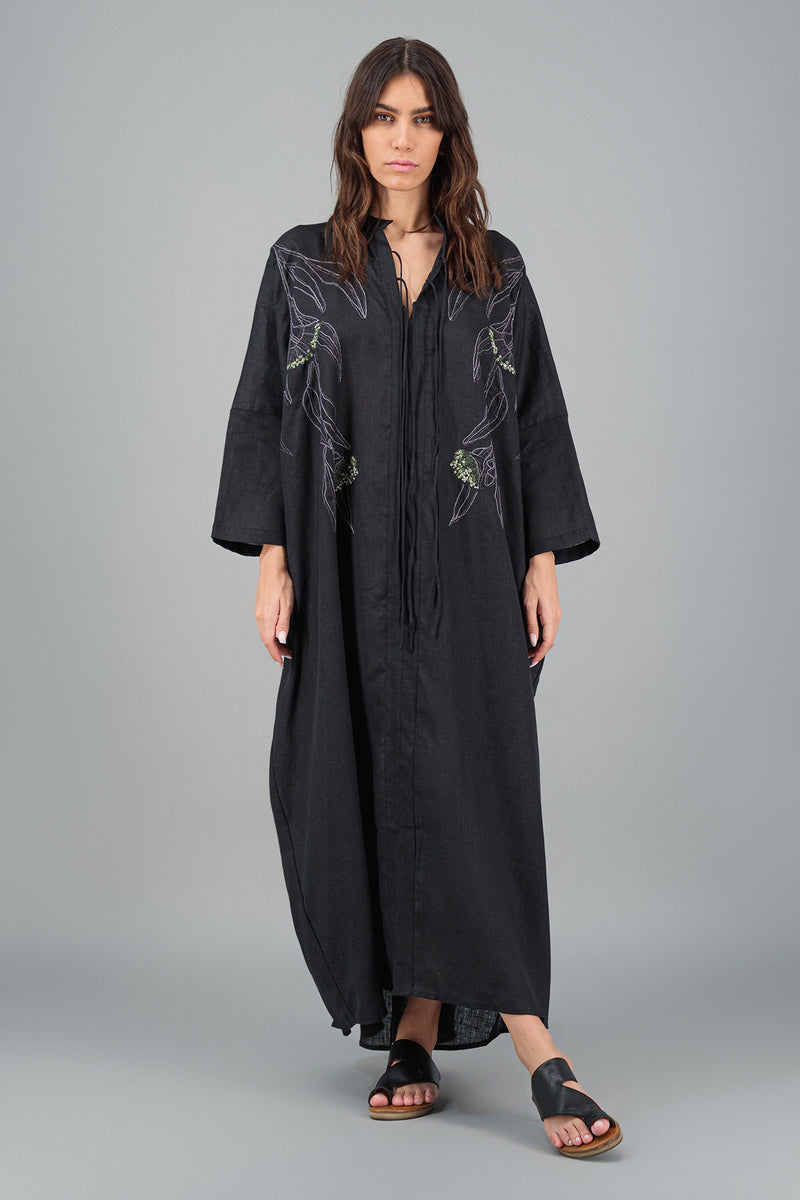 Sahra Maxi Jelabiya Linen Dress Black With Detail