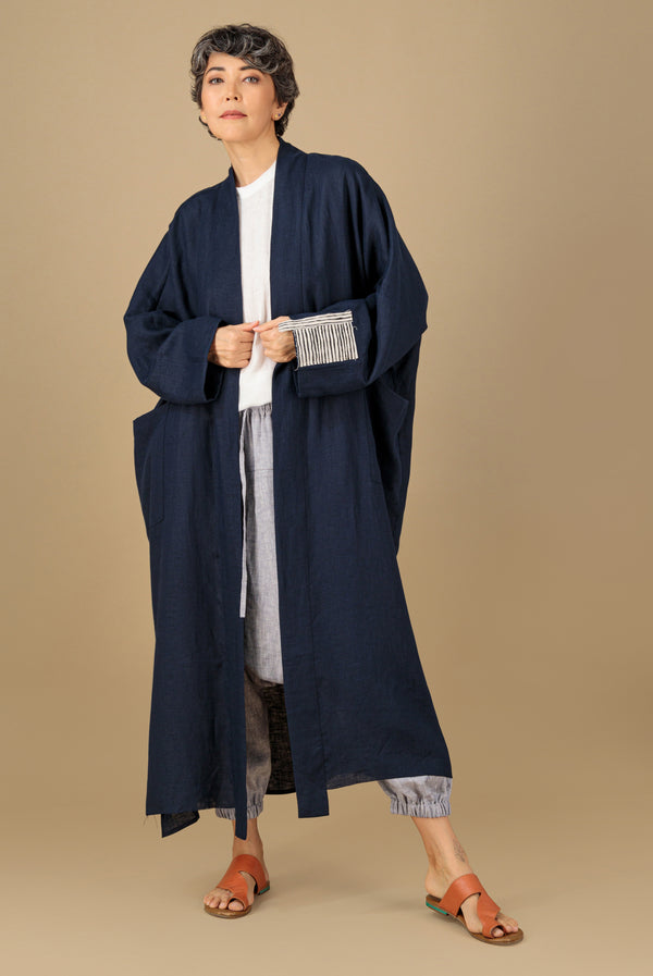 PRE-ORDER Nawar Linen Kimono Coat Navy Blue Hand Block Printed