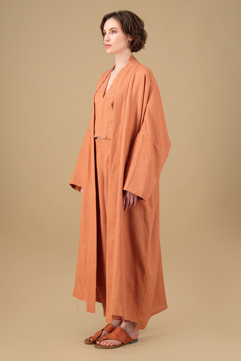 Nawar Linen Kimono Coat Terracotta