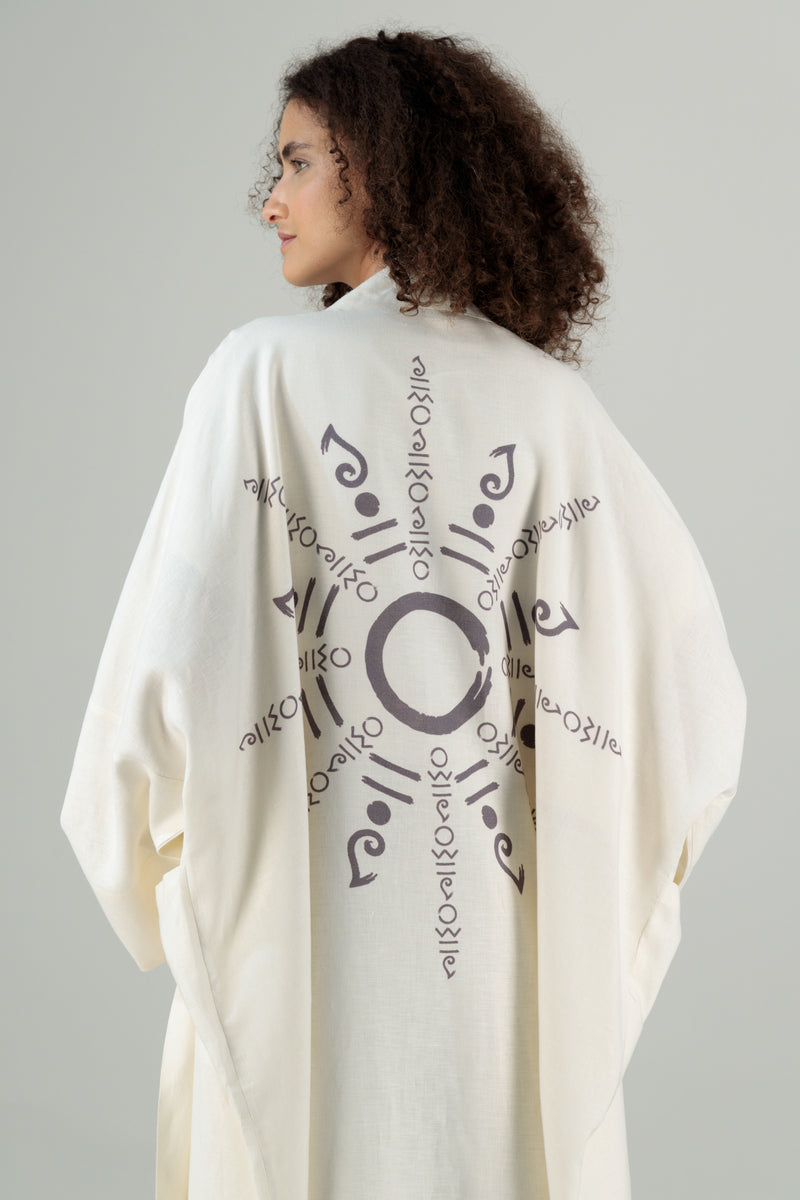 Nawar Linen Kimono Coat Printed Ivory