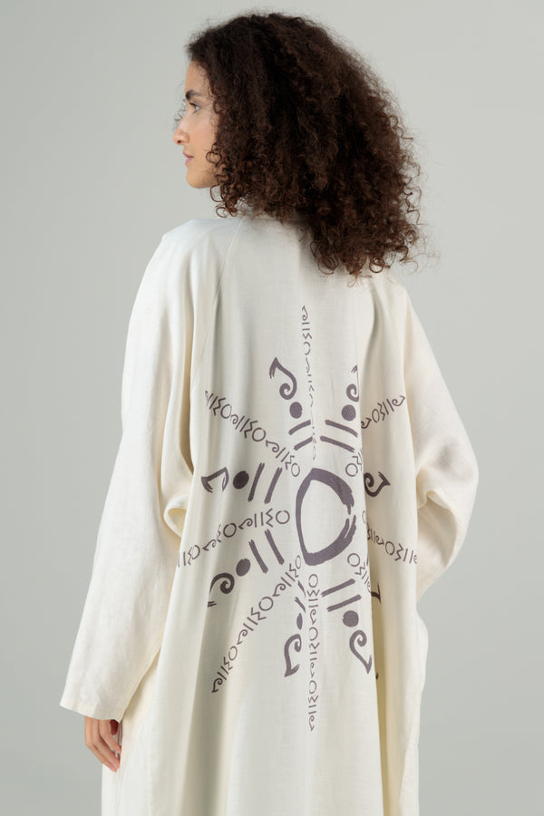 Azami Raglan Linen Coat Printed Ivory