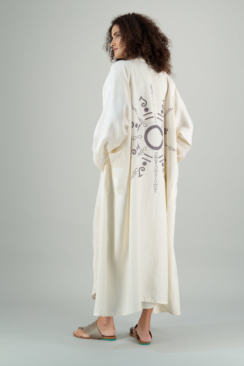 Azami Raglan Linen Coat Printed Ivory