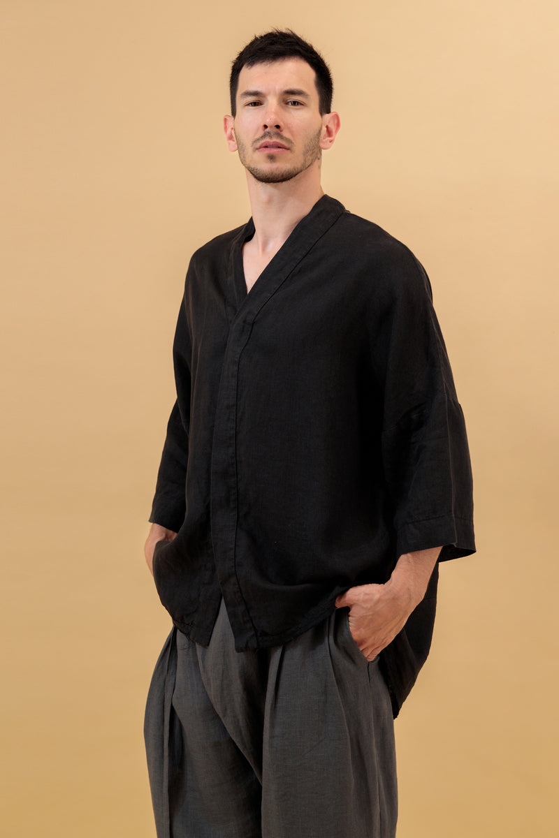 Mika 2 Unisex Kimono Linen Shirt Black