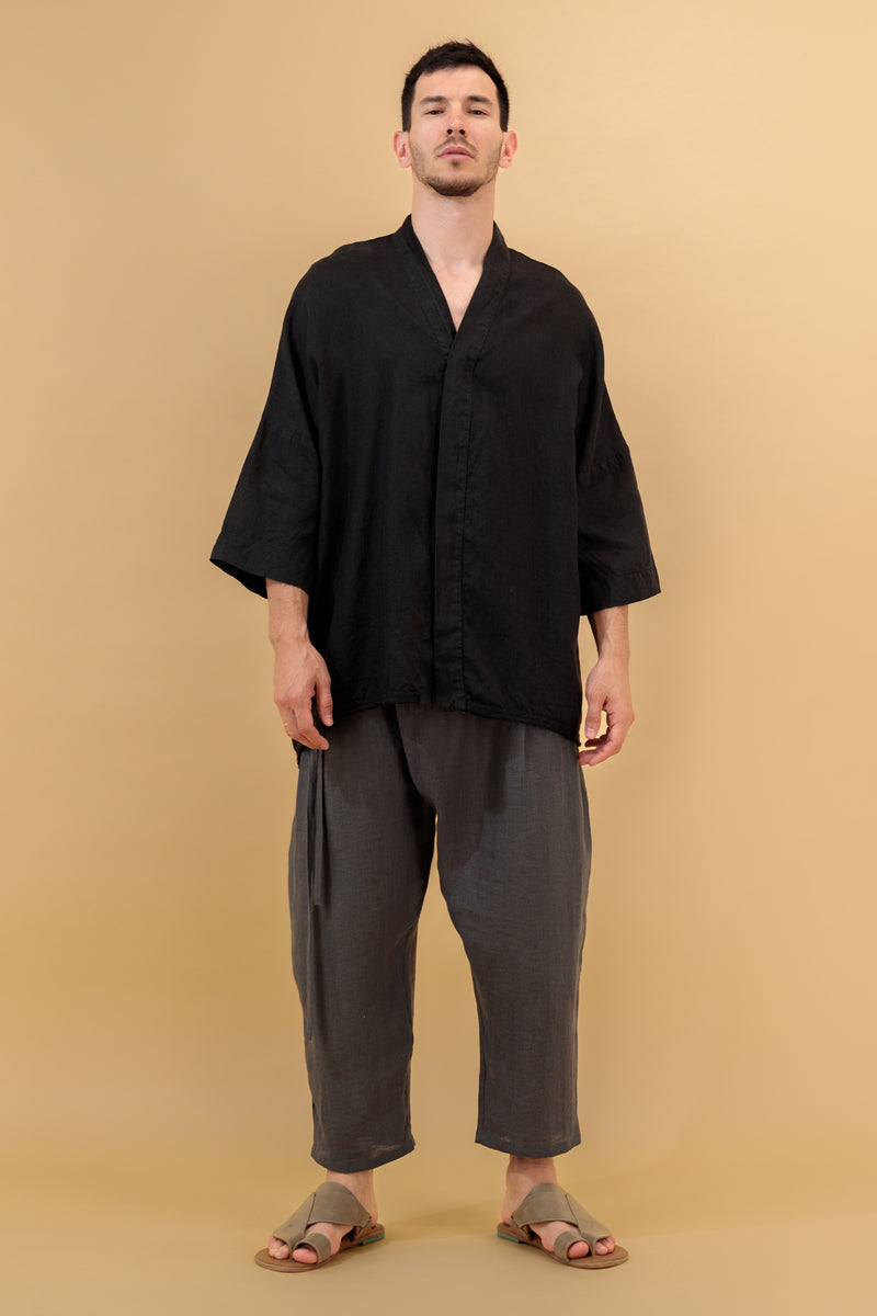 Mika 2 Unisex Kimono Linen Shirt Black