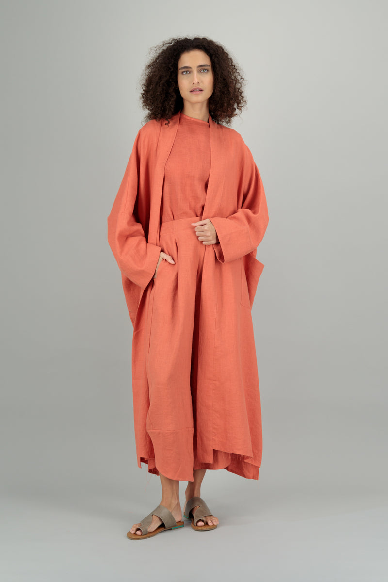 Nawar Linen Kimono Coat Grapefruit