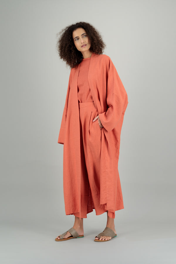 Nawar Linen Kimono Coat Grapefruit