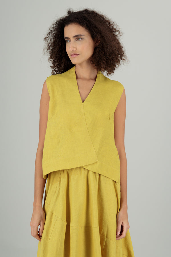 Cassia Asymmetric V-Neck Linen Top Saffron