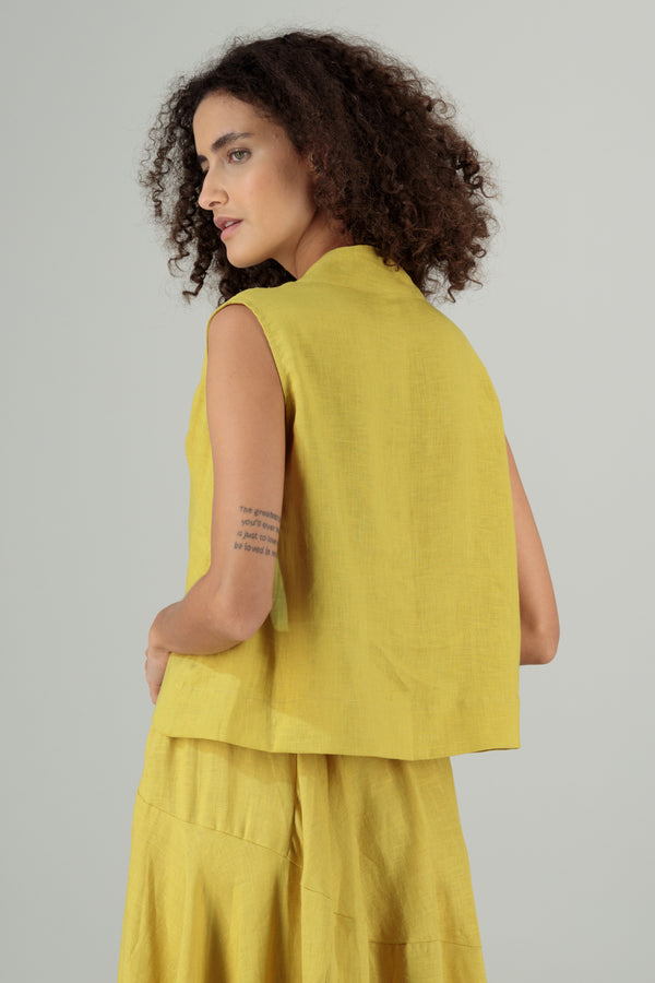 Cassia Asymmetric V-Neck Linen Top Saffron