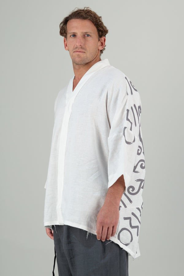 Mika 2 Unisex Kimono Linen Shirt Off White Printed