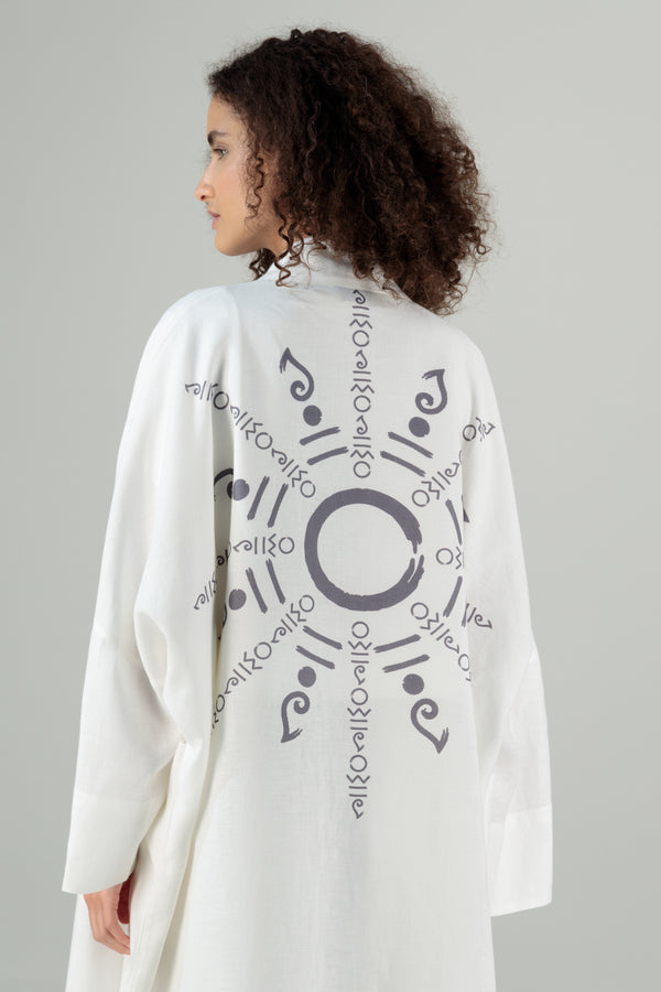 Nawar Linen Kimono Coat Printed Off White