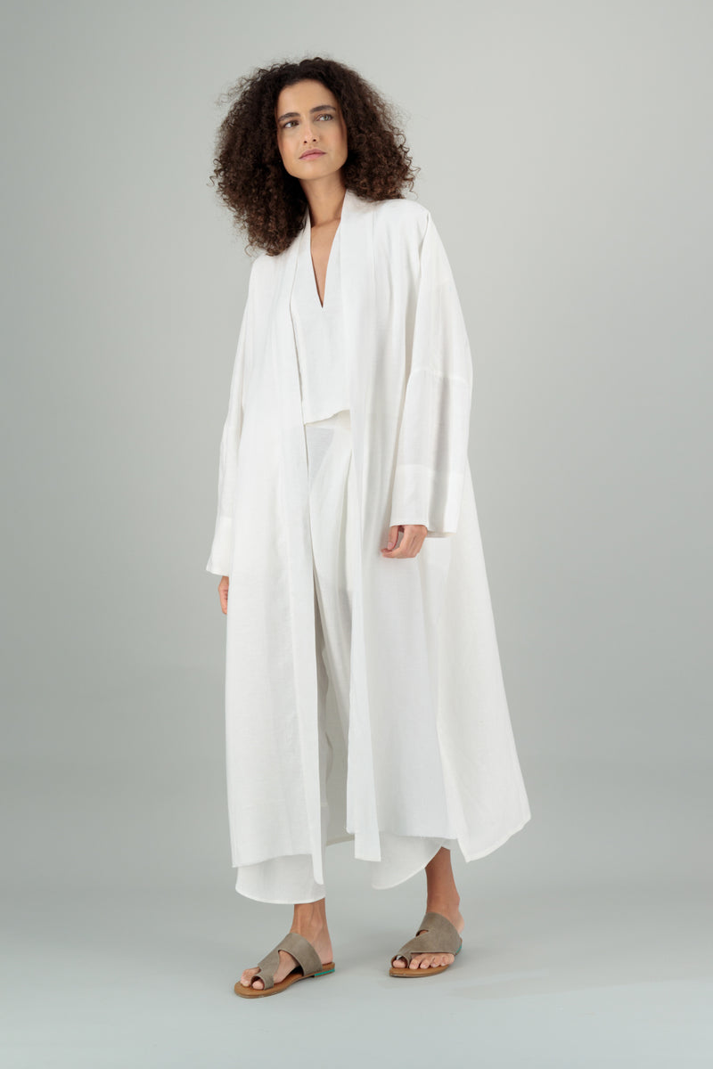 Nawar Linen Kimono Coat Printed Off White