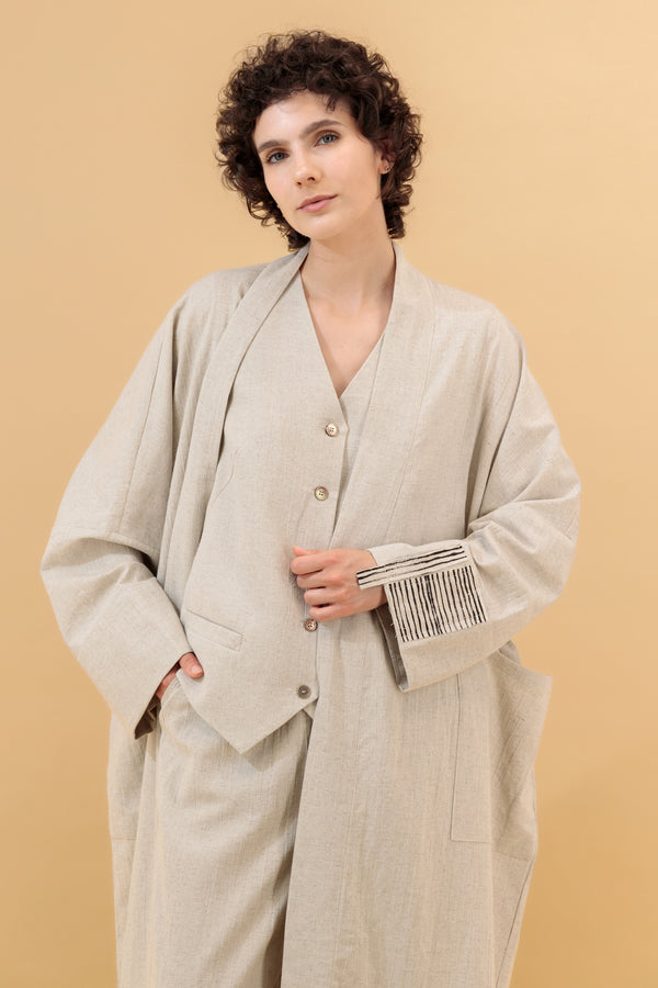 Nawar Linen Kimono Coat Natural Hand Block Printed Sleeve