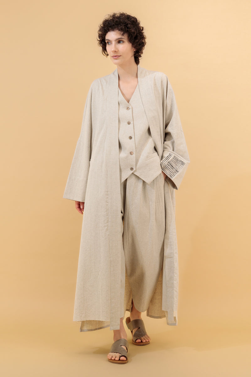 Nawar Linen Kimono Coat Natural Hand Block Printed Sleeve