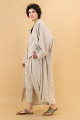 Nawar Linen Kimono Coat Natural Hand Block Printed Sleeve