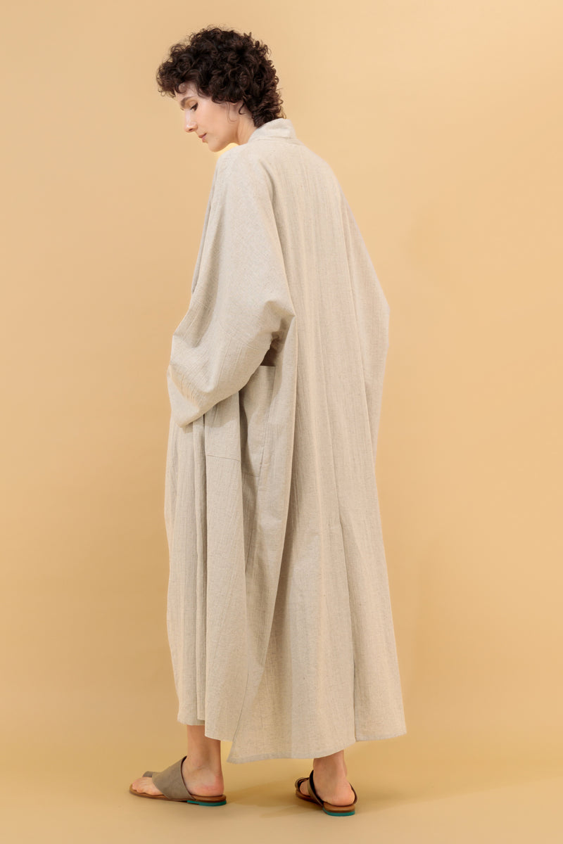 Nawar Linen Kimono Coat Natural Hand Block Printed Sleeve