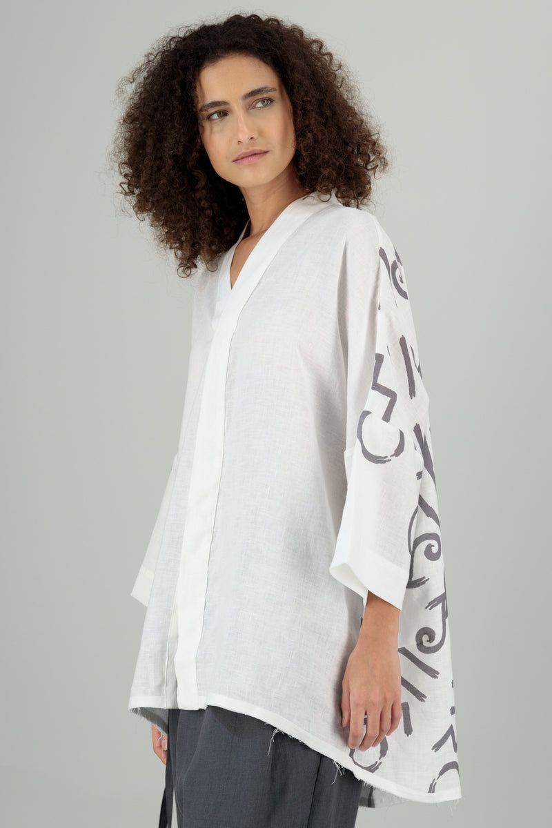 Mika 2 Kimono Linen Shirt Off White Printed