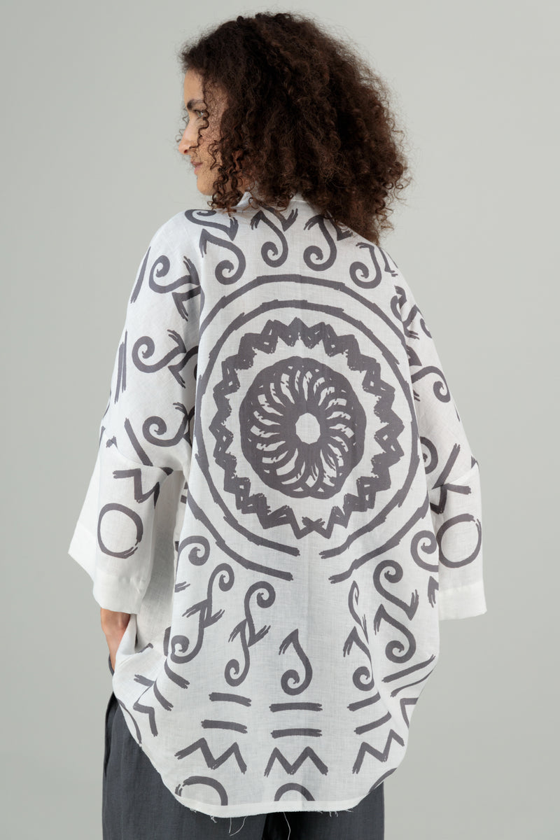 Mika 2 Kimono Linen Shirt Off White Printed